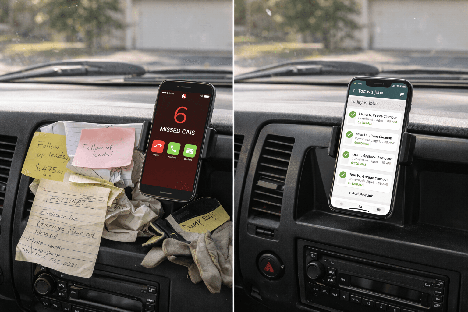 Split comparison of a messy truck console with sticky notes versus a clean dashboard with a CRM app mounted