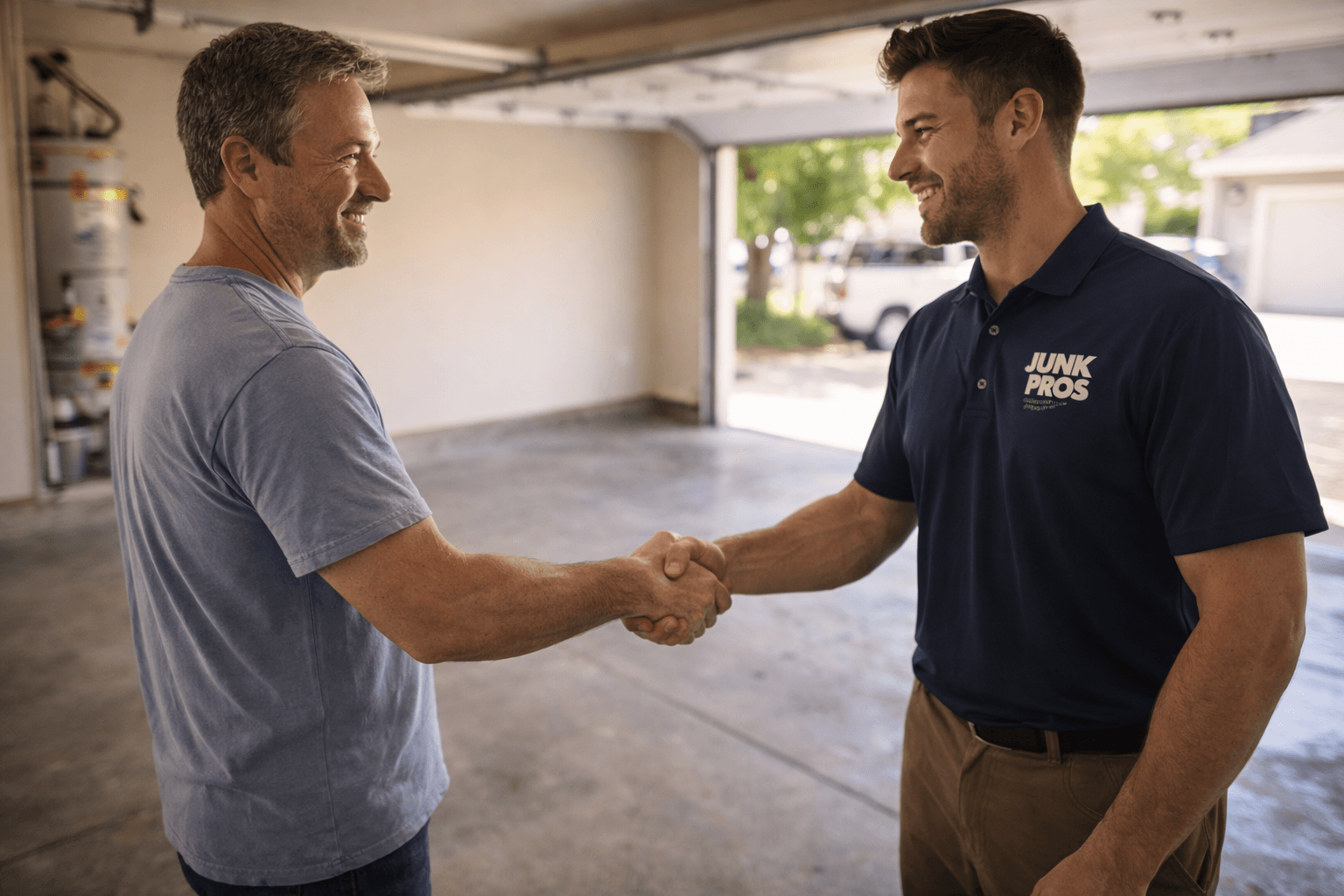 Happy homeowner shaking hands with a junk hauler after a successful garage cleanout