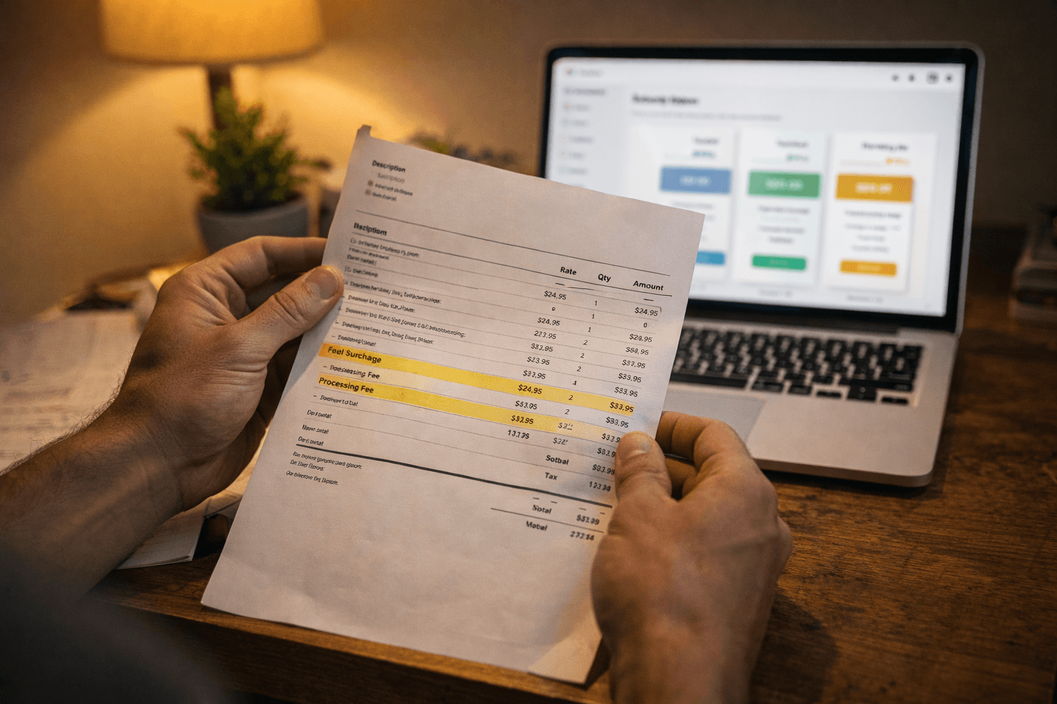 Close-up of hands reviewing a software invoice with a laptop showing subscription page in background
