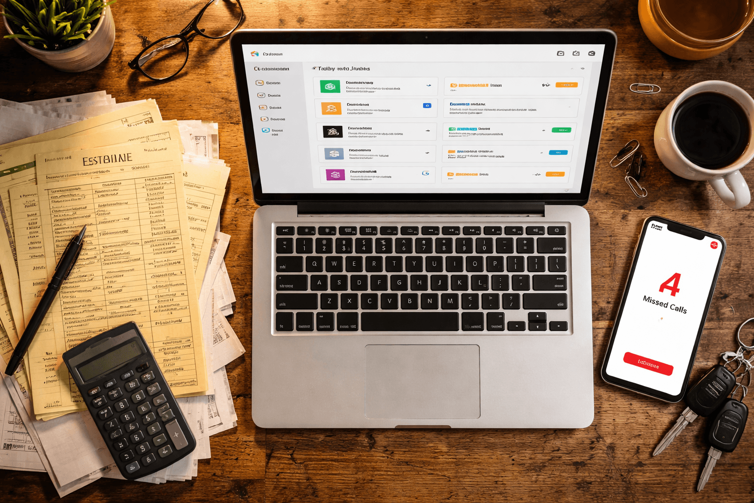 Organized desk with laptop showing CRM dashboard next to handwritten estimates and truck keys