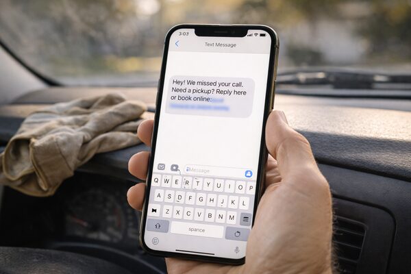Junk hauler texting from job site