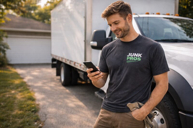 Junk hauler checking phone at golden hour